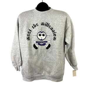 VTG Y2K "Meet the Millennium" 2000 Robot Graphic Crewneck Sweatshirt Gray Youth